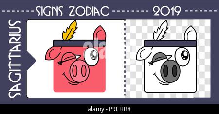 Horoscope zodiac symbol 2019 year of a pig sagittarius. Flat сartoon сhinese horoscope colored icon and black and white illustration isolated on white Stock Vector