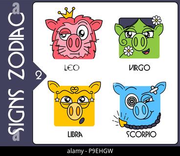 Horoscope zodiac symbols 2019 year of a pig. Flat сartoon сhinese horoscope icon. lion, virgo, scales, scorpion  astrology sign isolated on white back Stock Vector