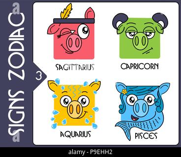 Horoscope zodiac symbols 2019 year of a pig. Flat сartoon сhinese horoscope icon. sagittarius, capricorn, aquarius, pisces  astrology sign isolated on Stock Vector