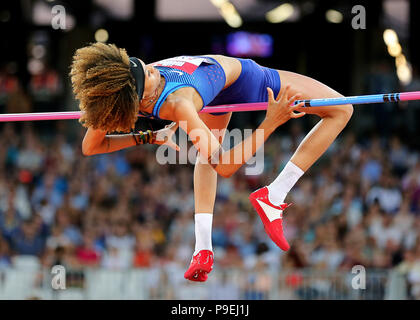 Vashti Cunningham of The USA competes in the Womens High Jump during day two of the Athletics World Cup at The Queen Elizabeth Stadium, London Stock Photo