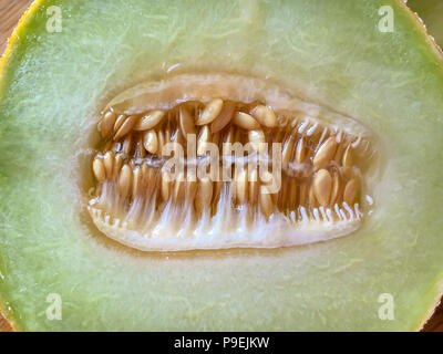 Half of cantaloupe melon on the wooden background top view Stock Photo