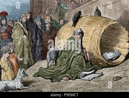 Diogenes (412-323 B.C.). Greek philosopher. One of the founders of Cynic philosophy. Also known as Diogenes the Cynic. Diogenes shelters in his barrel. Engraving by Gustave Dore. Colored. Stock Photo