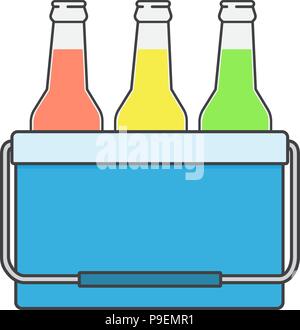 Freezer-bag in blue color. Vector illustration of drinks in a small refrigerator. Cooler bag. Isolated vector illustration on white background. Stock Vector