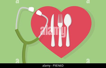 Fork spoon and knife with heart shape and a stethoscope medical concept Stock Vector