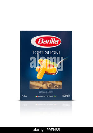 CHISINAU, MOLDOVA - July 15, 2018: Barilla Tortiglioni Italian pasta in a box isolated on white background. Barilla is an Italian food company, founde Stock Photo