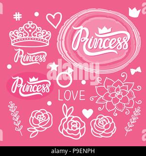 Vector Set of design elements for girls. Hand drawing. Princess style. Stock Vector
