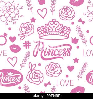Vector Seamless pattern of design elements for girls. Hand drawing. Princess style Stock Vector