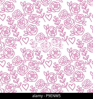 Vector Roses and lavender flowers hand drawn seamless pattern. Pink isolated on white background. Stock Vector