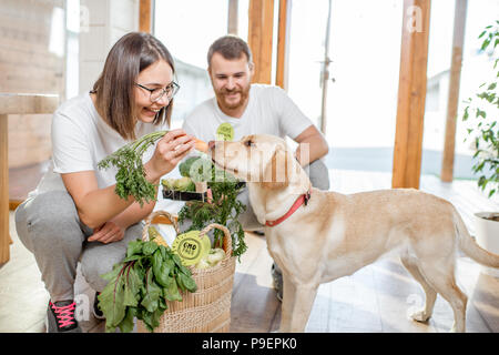 Couple feeding dog with carrot