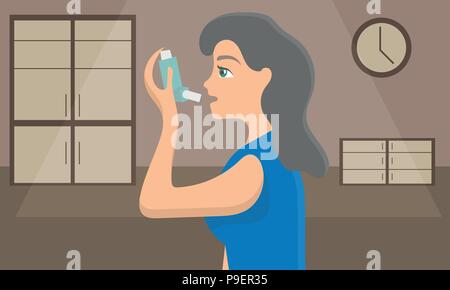 Woman using a spray inhaler to stop asthma attack. Bronchial disease awareness Stock Vector