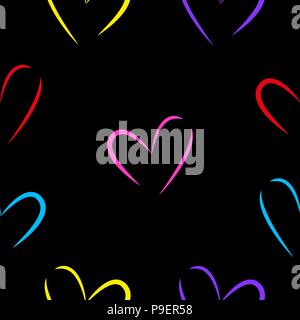 Seamless texture of multi-colored hearts isolated by black background. Stock Vector