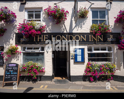 Beautiful window boxes and flower displays at the London Inn pub in Padstow Cornwall UK Stock Photo