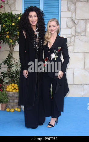 Jul 16, 2018  - Cher and Amanda Seyfried attending 'Mamma Mia! Here We Go Again' - World Premiere, Hammersmith Apollo in London, England, UK Stock Photo