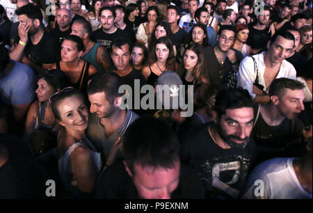 Athens, Greece. 16th July, 2018. People listen German rock band, Scorpions performing in a concert titled 'Once in a Lifetime' at the Panathenaic stadium in Athens, Greece, 16 July 2018.   ©Elias Verdi/Alamy Live News Stock Photo