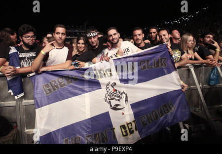 Athens, Greece. 16th July, 2018. People listen German rock band, Scorpions performing in a concert titled 'Once in a Lifetime' at the Panathenaic stadium in Athens, Greece, 16 July 2018.   ©Elias Verdi/Alamy Live News Stock Photo