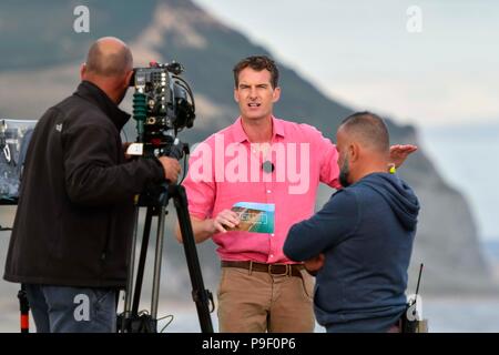 Charmouth, Dorset, UK.  17th July 2018.  during the filming of BBC4's Beach Live, Jurassic Coast Revealed at Charmouth beach in Dorset with presenters historian Dan Snow and natural history experts Lucy Cooke and Niall Strawson.  This was the first one hour live programme of three over 3 evenings which finishes on the 19th July.  Picture Credit: Graham Hunt/Alamy Live News Stock Photo