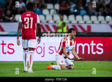 Belgrade, Serbia. 17th July, 2018. Crvena Zvezda's Milan Pavkov (L) and El  Fardou Ben Nabouhane celebrate during the first qualifying round UEFA Champions  League football match between Crvena Zvezda and Spartaks in