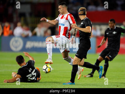 Belgrade, Serbia. 17th July, 2018. Crvena Zvezda's Lorenzo Ebecilio (L)  vies with Spartak's Vitor Silva Honorato during the first qualifying round  UEFA Champions League football match between Crvena Zvezda and Spartaks in