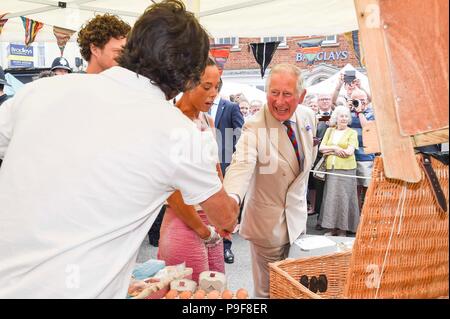 Honiton, Devon, UK.  18th July 2018.   The Duke and Duchess of Cornwall visit the Gate to Plate food market at Honiton in Devon.  Picture Credit: Graham Hunt/Alamy Live News Stock Photo