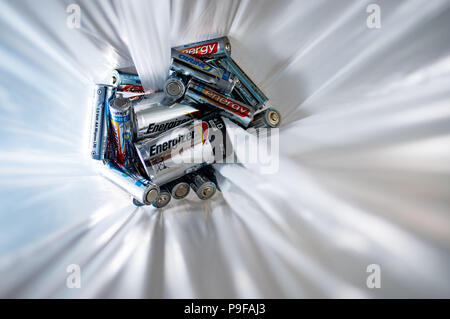 Hanover, Germany. 19th June, 2018. Batteries lying in a plastic bag. If they're button cells from a hearing aid or alkaline batteries from a razor, consumers can turn in their used batteries at collection points nationwide cost-free. Credit: Peter Steffen/dpa/Alamy Live News Stock Photo