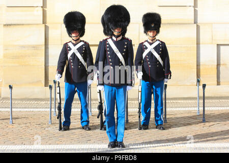 The Royal Life Guards to the Danish monarchy with bearskin caps at attention at Amalienborg Palace in Copenhagen, Denmark Stock Photo