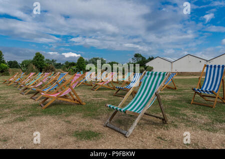 Empty deck chairs at Butlins Holiday Camp, Skegness, Lincolnshire,  United Kingdom on a hot summer's day with copy space. Stock Photo