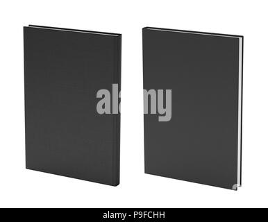 Front and back view of standing portrait black blank book cover mockup with fabric texture isolated on white background Stock Photo