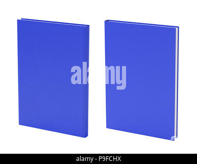 Front and back view of standing portrait blue blank book cover mockup with fabric texture isolated on white background Stock Photo