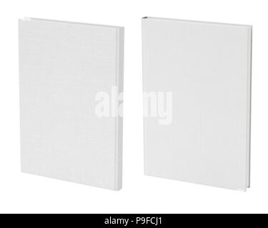 Front and back view of standing portrait white blank book cover mockup with fabric texture isolated on white background Stock Photo