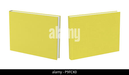 Front and back view of standing landscape yellow blank book cover mockup with fabric texture isolated on white background Stock Photo