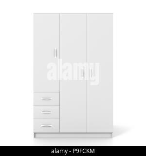 Closed white wardrobe isolated on white background with clipping path. 3d illustration Stock Photo