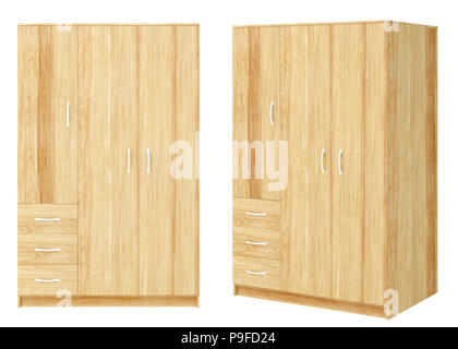 Two views of closed wooden wardrobe isolated on white background Stock Photo