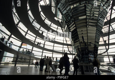 GERMANY, Berlin, Reichstag building today seat of german parliament Bundestag with glass dome with skywalk designed by architect Sir Norman Foster Stock Photo