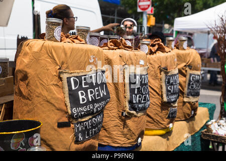 NEW YORK CITY - JULY 16, 2018: Organic tea on display at the Union Square Greenmarket farmers market in Manhattan. Stock Photo