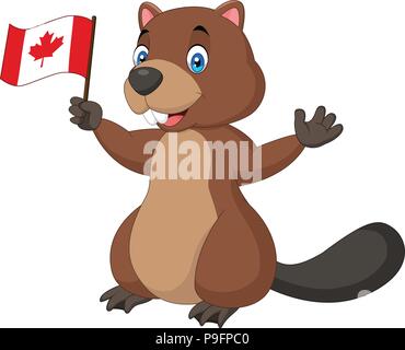 Cartoon beaver holding Canadian flag Stock Vector