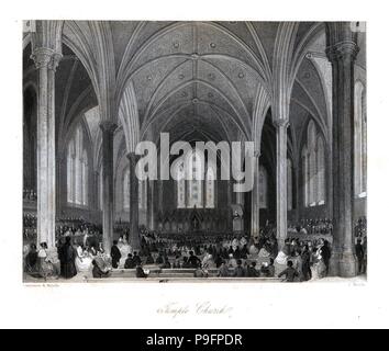 Vaulted ceiling and stained-glass windows in Temple Church. Steel engraving by Henry Melville after an illustration by George Cattermole and Henry Melville from London Interiors, Their Costumes and Ceremonies, Joshua Mead, London, 1841. Stock Photo
