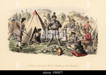 Volunteer Movement, Jones & Family under Canvass, 1862. Satirical print showing a Victorian family playing soldiers for the Volunteer Force, a part-time territorial army. Handcoloured etching by John Leech from Follies of the Year, from Punch’s Pocket Books, Bradbury, London, 1864. Stock Photo