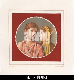 Portrait of a man and woman from an unidentified house in Pompeii. Chromolithograph by Victor Steeger after an illustration by Geremia Discanno from Emile Presuhn’s Les Plus Belles Peintures de Pompei (The Most Beautiful Paintings of Pompeii), Leipzig, 1881. Stock Photo