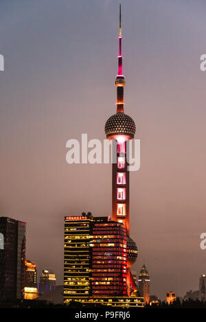 New Pudong, Shanghai/China - Apr. 24, 2018: Early evening view of Oriental Pearl Radio & TV Tower, Shanghai, China. Stock Photo