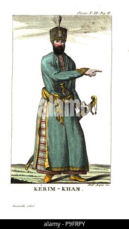 Mohammad Karim Khan Zand or Karim Han, founder of the Zand Dynasty, 1705-1779. Illustration from Guillaume-Antoine Olivier’s Travels in the Ottoman Empire, Egypt and Persia, 1801. Copperplate engraving by Dell'Acqua handcoloured by Lazaretti from Giovanni Battista Sonzogno’s Collection of the Most Interesting Voyages (Raccolta de Viaggi Piu Interessanti), Milan, 1815-1817. Stock Photo