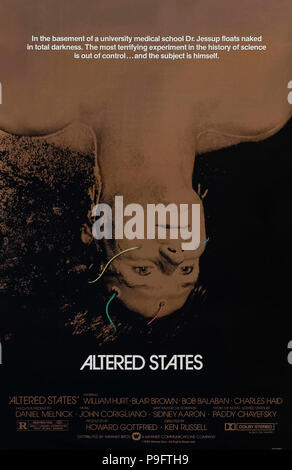 Altered States (1980) directed by Ken Russell and starring William Hurt, Blair Brown, Bob Balaban and Charles Haid. A scientist experiments with a psychoactive drug and an isolation tank results in some alarming physical manifestations. Stock Photo