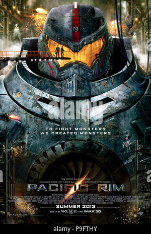 Pacific Rim (2013) directed by Guillermo del Toro and starring Idris Elba, Charlie Hunnam, Rinko Kikuchi and Burn Gorman. Giant alien monsters (Kaiju) do battle with huge robots (Jaegers) to stop them in this Hollywood take on Japanese mecha. Stock Photo