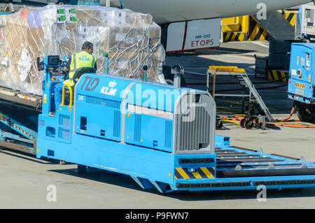 KLM ground crew load freight into the hold of a KLM Boeing 787-9 Stock Photo