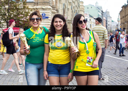 Moscow, Russia - July, 2018: Brasil football fans on world cup championship in Moscow, Russia Stock Photo