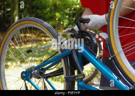 Bicycle maintenance and oiling by repairman. Bike mechanical service. Stock Photo