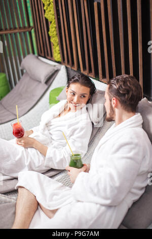 close up photo of young male and female having a rare old time in the spa salon. interesting conversation Stock Photo