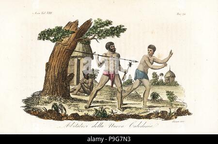 Kanak natives of New Caledonia. Man in loincloth with spear and mace, woman in grass skirt, in front of huts. Handcoloured copperplate engraved by Sasso from Giulio Ferrario's Ancient and Modern Costumes of all the Peoples of the World, Florence, Italy, 1844. Stock Photo