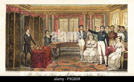 King George IV imitating the actor John Kemble in front of Princess Augusta, his mistress the Marchioness of Conyngham, and the mimick Charles Mathews. The King at Home; or Mathews at Carlton House. Handcoloured copperplate drawn and engraved by Robert Cruikshank from The English Spy, London, 1825. Written by Bernard Blackmantle, a pseudonym for Charles Molloy Westmacott. Stock Photo