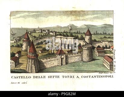 Castle of the Seven Towers (Yedikule Fortress), Constantinople (Istanbul), Turkey. Illustration from Francois Pouqueville’s Travels through More, Albania and several other parts of the Ottoman Empire, 1805. Copperplate engraving by Dell'Acqua handcoloured by Lazaretti from Giovanni Battista Sonzogno’s Collection of the Most Interesting Voyages (Raccolta de Viaggi Piu Interessanti), Milan, 1815-1817. Stock Photo
