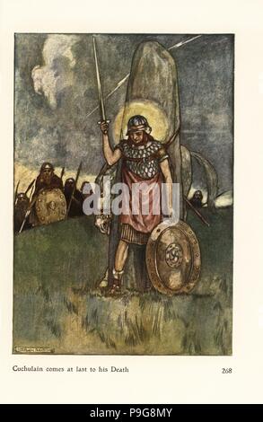 Cuchulain comes at last to his death. Killed by a magical spear made by Lugaid, son of Cu Roi. Chromolithograph after an illustration by Stephen Reid from Eleanor Hull's Cuchulain The Hound of Ulster, Harrap, London, 1909. Stock Photo